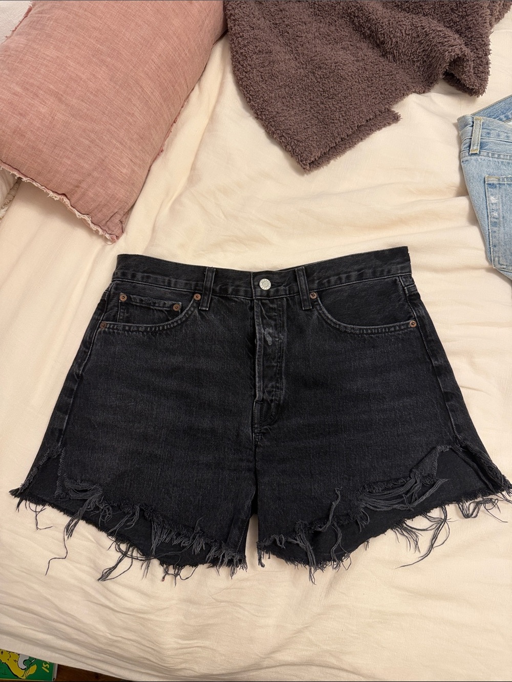 Agolde Black Distressed Denim Jean Shorts